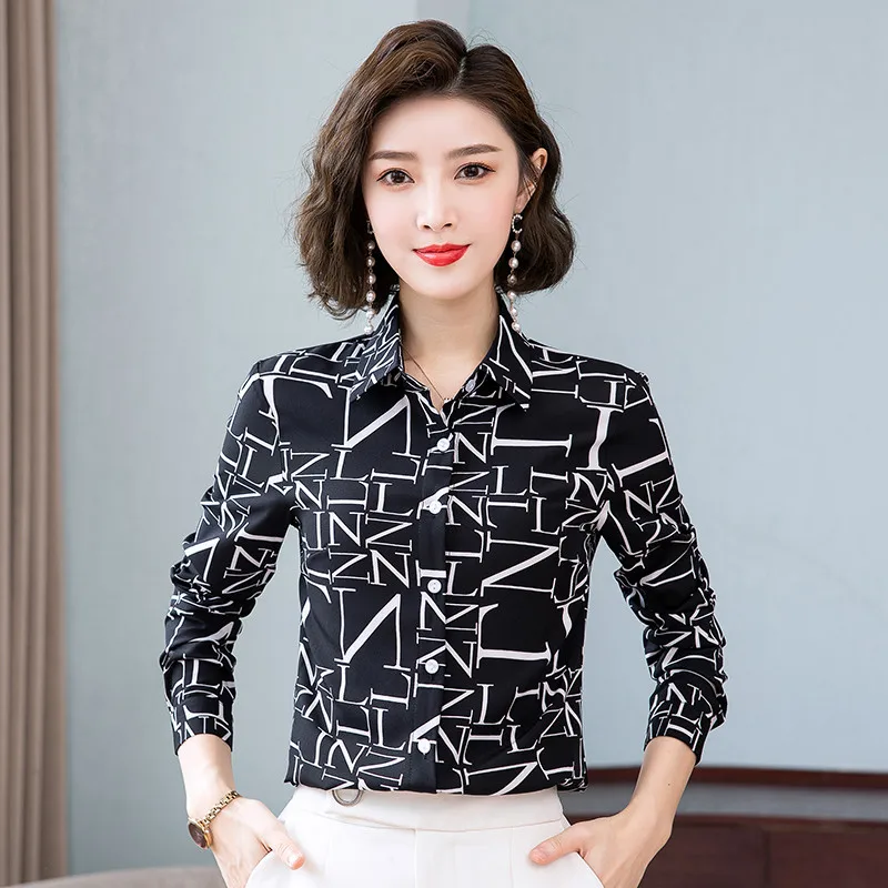 

New Spring Summer Women Casual Lattice Shirt Long Sleeve Turn-Down Collar Black Plus Size Tops Elegant Women'S Office Blouses