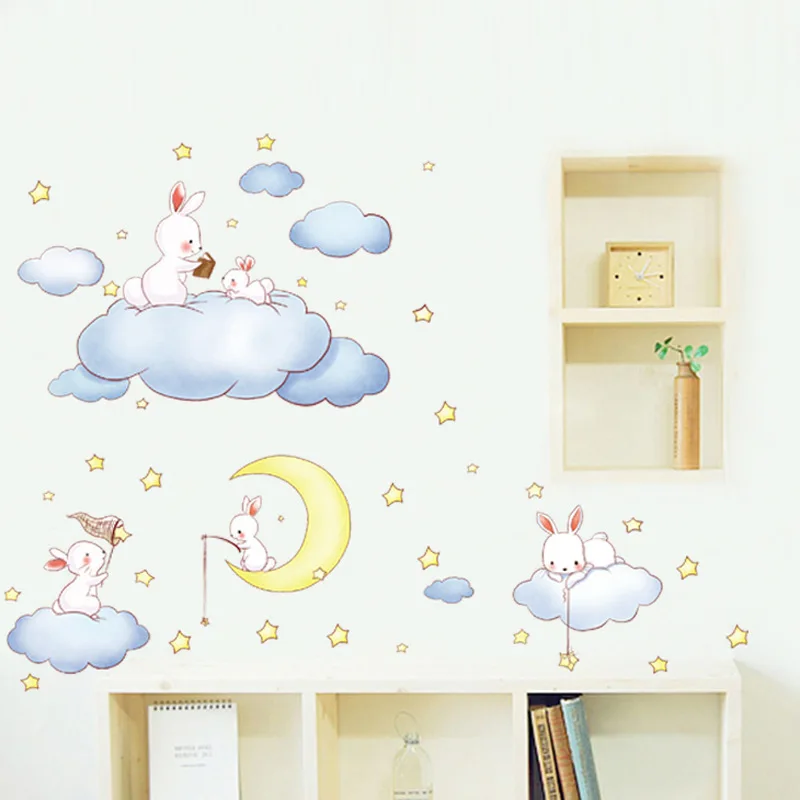 

Cartoon Rabbits on The Moons Clouds Wall Stickers Big Size Baby Room Decoration Children Sleep Sticker Home Decor for Kids Room