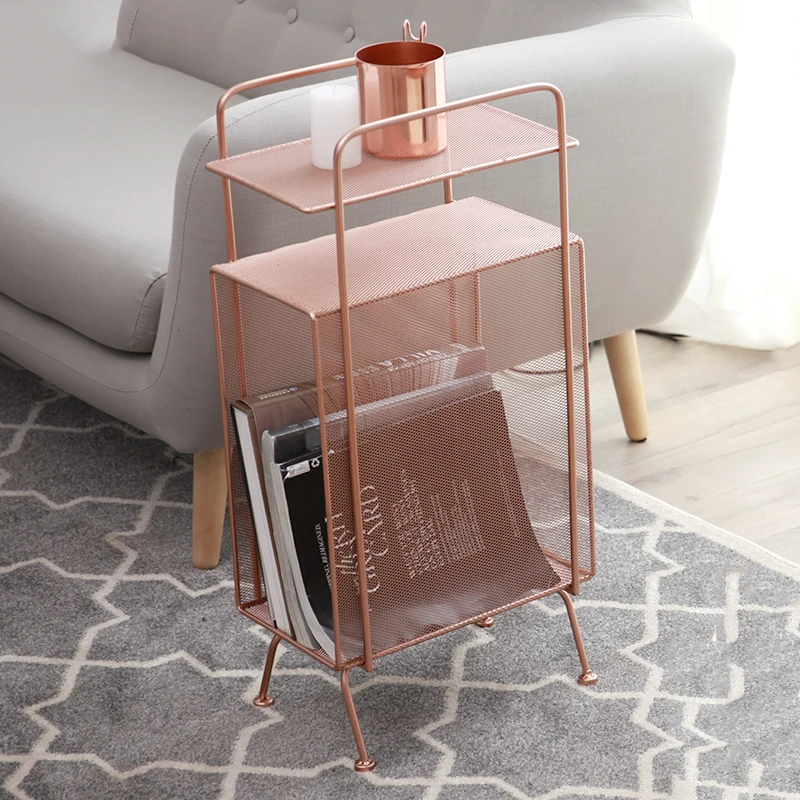 

High Quality Metal Storage Rack Bedside Magazine Book Shelf Floor Stand Bookcase Gold Pink Luxury Storage Shelves Steel Wire