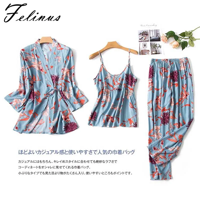 

Felinus 3PC Cotton Robe Sleep Suit Spring Women Sexy Pajamas Set Floral Printed Soft Nightwear Female Comfortable Homewear Robe