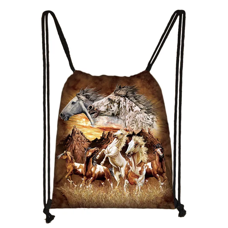 SKD-M005 elegent animal horse print drawstring bag women men storage bag fashion rucksack cute pony boys girls backpack kids bookbag gift - Цвет: SKD-M005