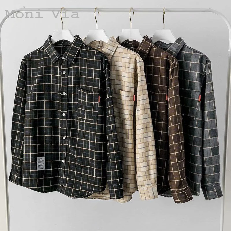 Фото - Plaid Long-Sleeved Shirt Men's Korean Version of the Trend of Spring and Autumn Plaid Shirt Hong Kong Style Casual Jacket Men shirts men blouse trend spring autumn personality hong kong young student couple geometric letter printing long sleeved shirt