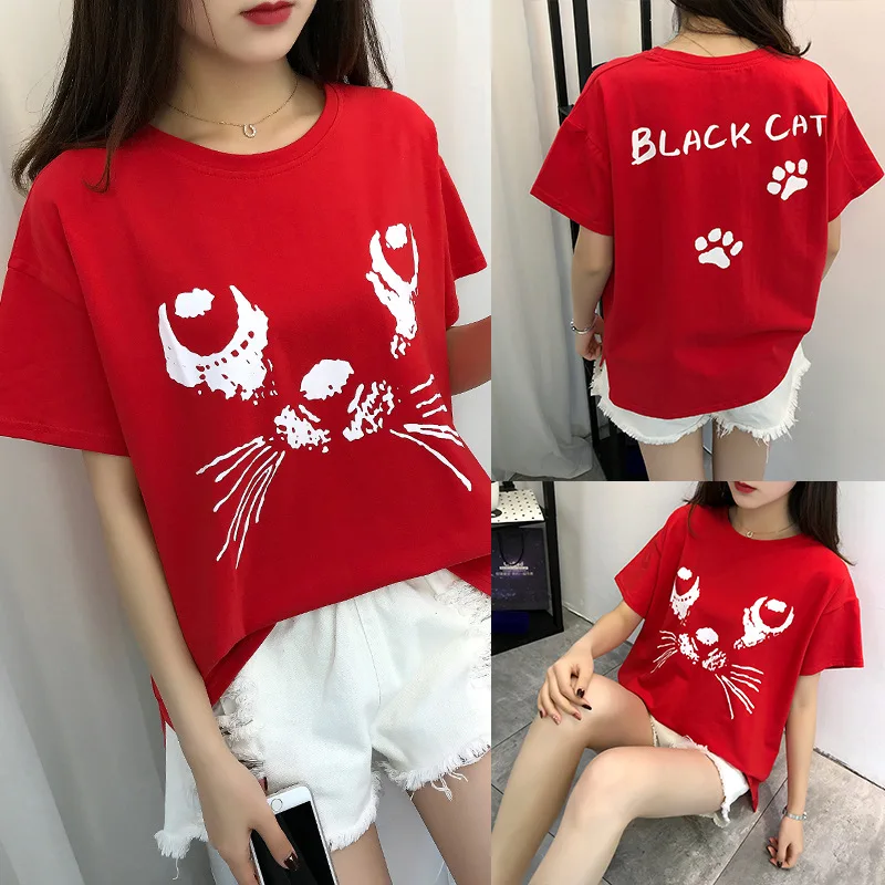 Милая футболка с принтом кота Женская свободная коротким рукавом и круглым