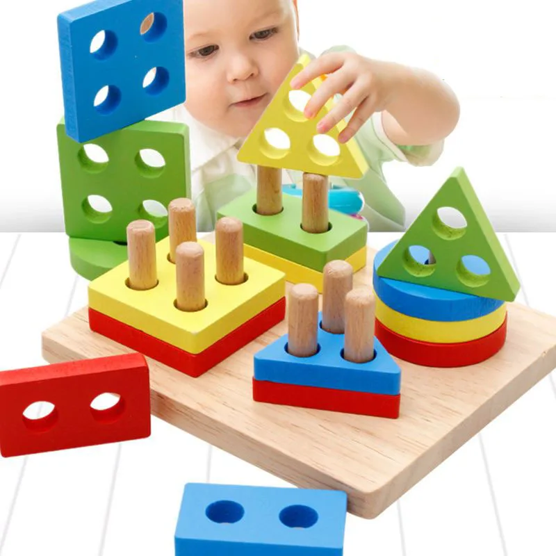 

Matching Wooden Geometry Wisdom Toys Four Sets Column Children Early Childhood Cognitive Toy 2-3-4-Year-Old Educational Toy