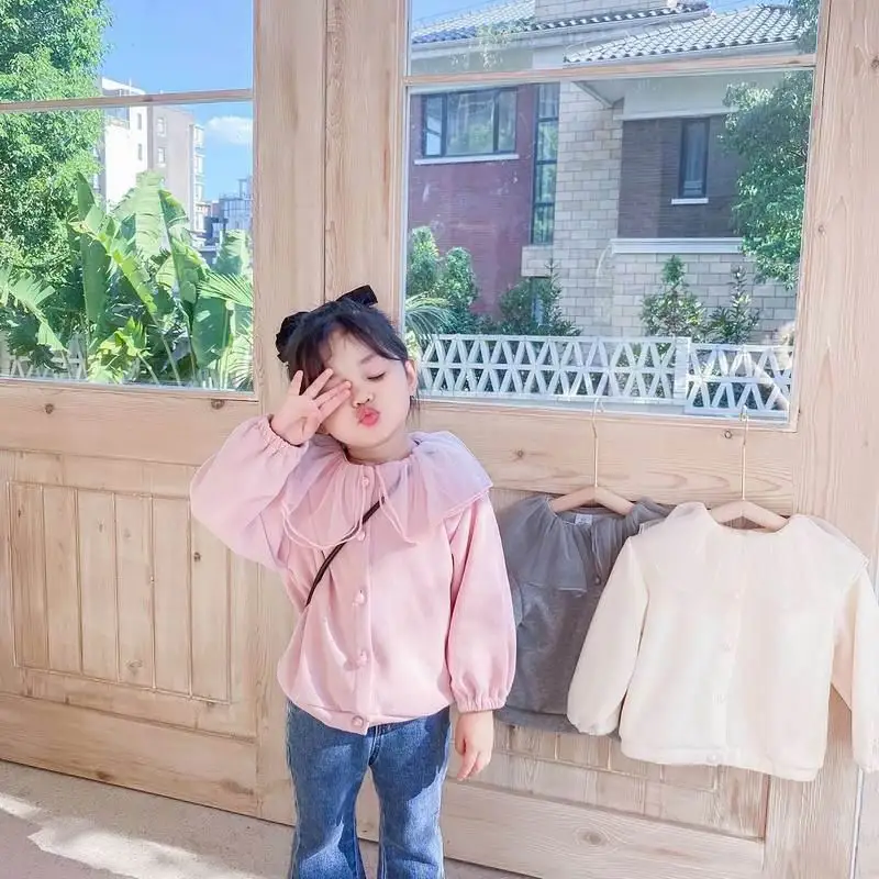 

Wholesale Girl Cardigan Toddler Girl Sweater Knitting Wool Fashion Gauze Big Lapels Cardigan Kids Coat Toddler Clothes E50027