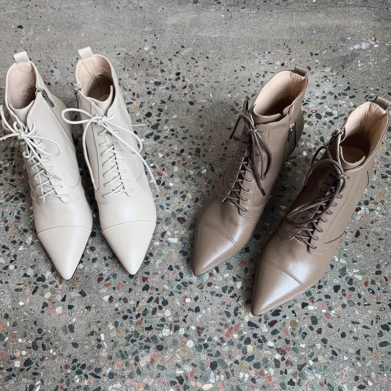 

Autumn and new short boots women's Cowhide winter 2021 lace up British fashion boots bare boots lace up pointed high heeled