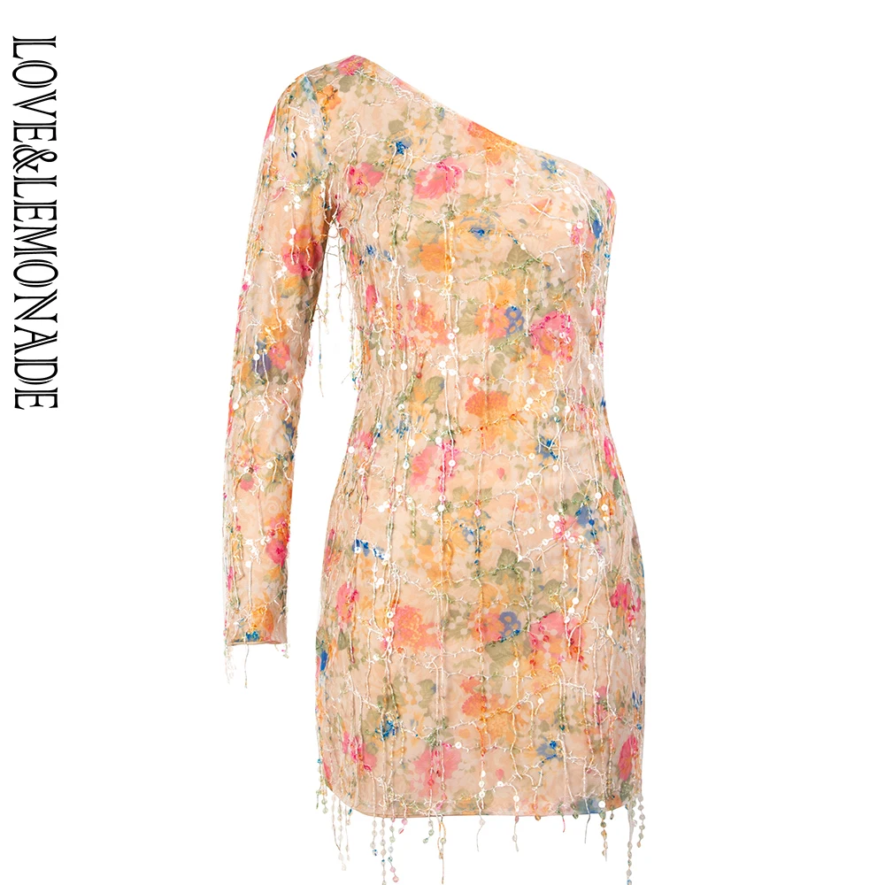 LOVE&ampLEMONADE Сексуальное платье на одно плечо с бахромой принт длинным рукавом со