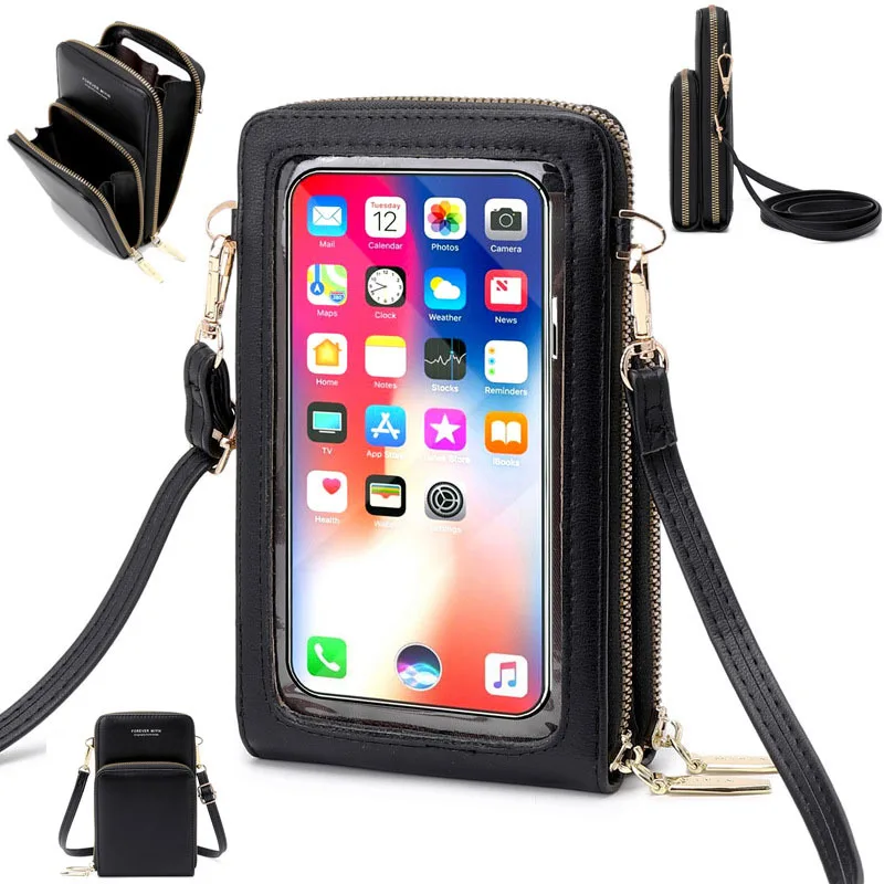 

Кожаная сумка для сотового телефона с сенсорным экраном, Карманный Бумажник на плечо, шейный ремешок, задняя гиалиновая Сумочка для Iphone 12, ...