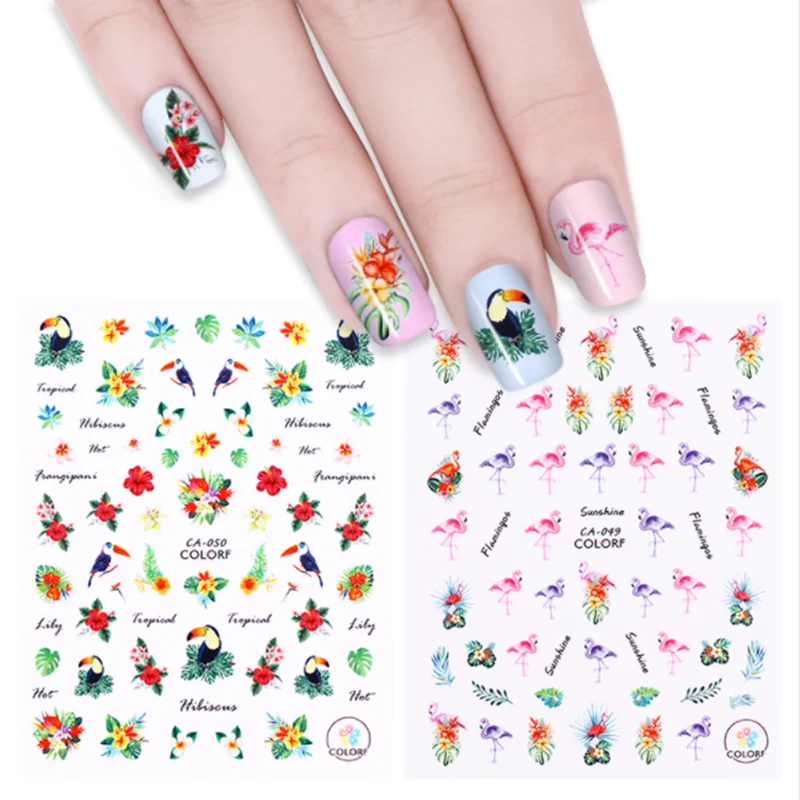 1 лист 3D красочная тропическая наклейка с фламинго для дизайна ногтей DIY