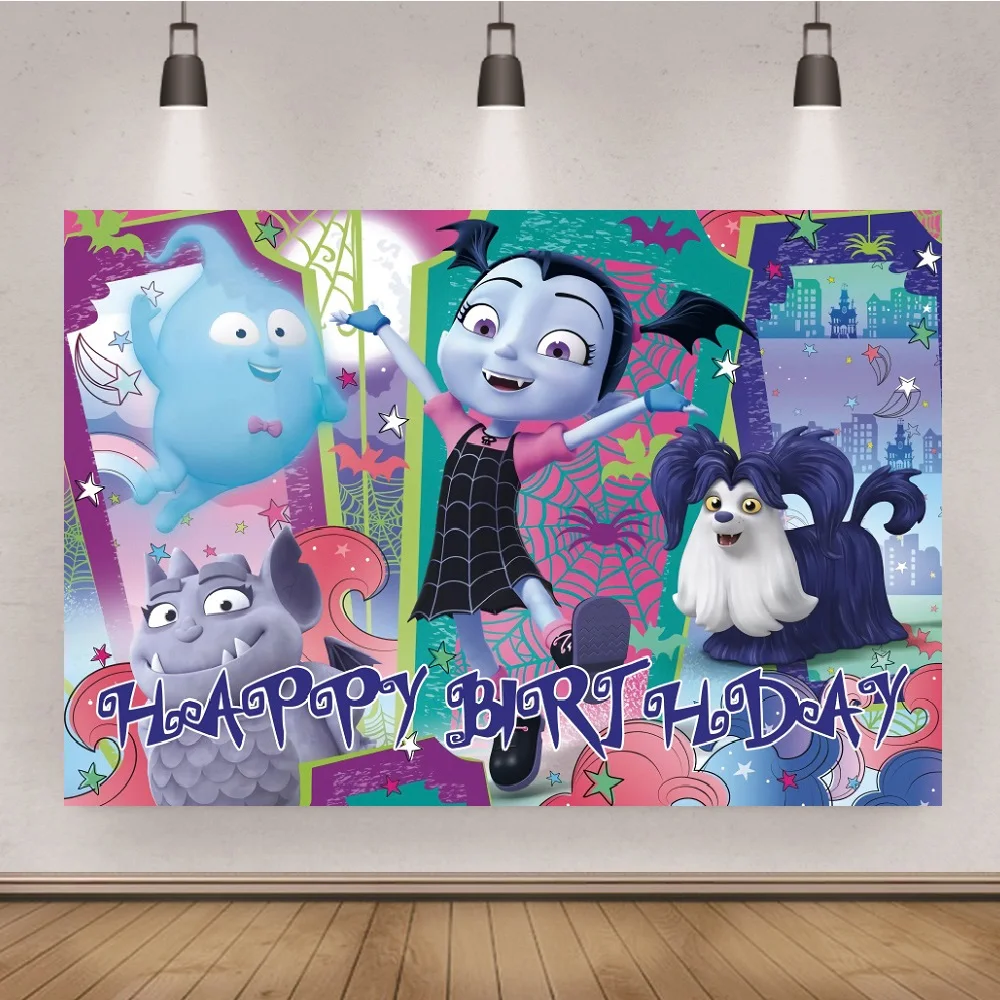 

Cartoon Happy Birthday Vampirina Bats Purple Spider Web Pattern Custom Photo Studio Backdrop Background Vinyl Banner
