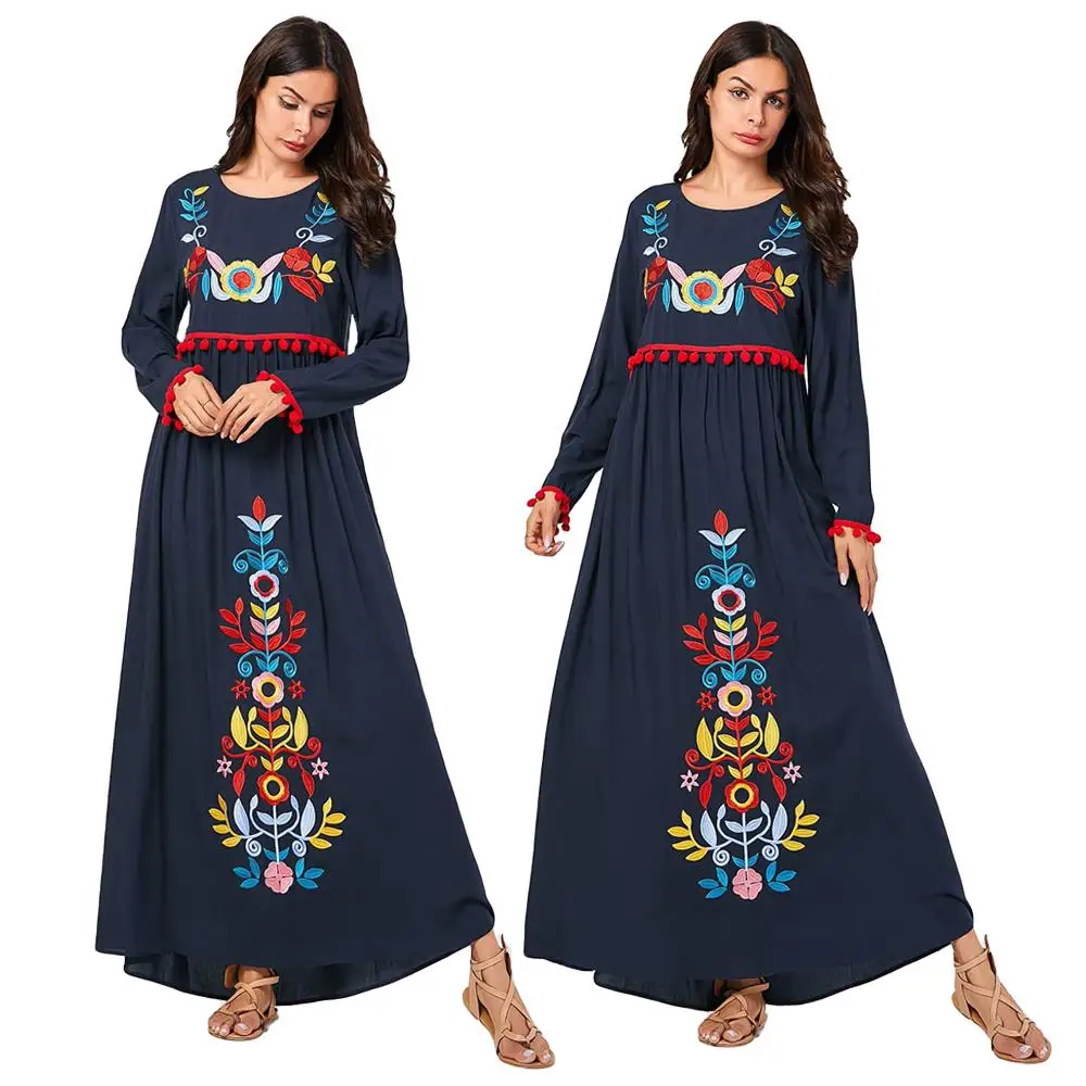 Navy Blue Мусульманские женщины вышивка абайя Макси-Платье рубашка Дубай помпон-кисточка исламский коктейльный jilbaw этнический дизайн o-образным вырезом арабские платья - Цвет: Navy Blue