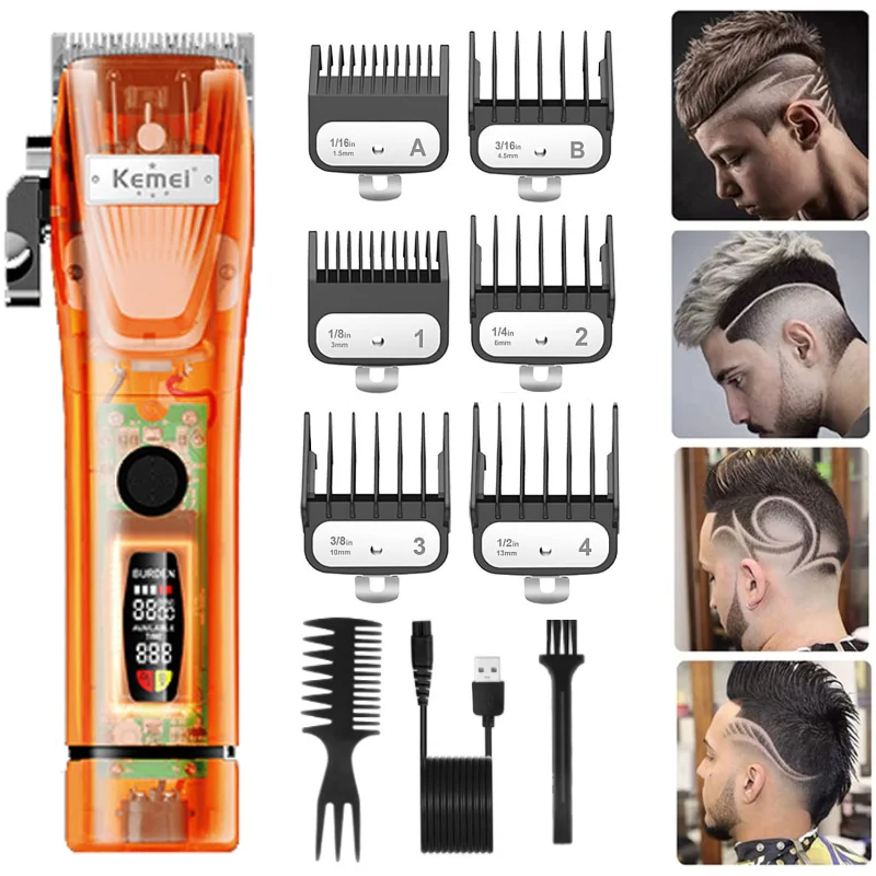 

Kemei Rechargeable Electric Hair Clipper Men Hair Cutting Machine Transparent Cover Beard Hair Trimmer Cordless Hair Clipper