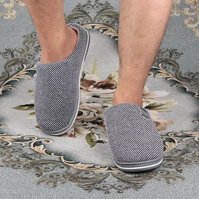 Мужские зимние тапочки в полоску теплые Нескользящие Короткие Плюшевые домашняя