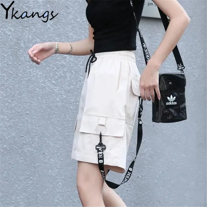 

Joggers Summer 2021 Harajuku Solid Black Gothic Sweat Cargo Shorts Female Korean Baggy Pockets Straight Biker Sport Shorts Women
