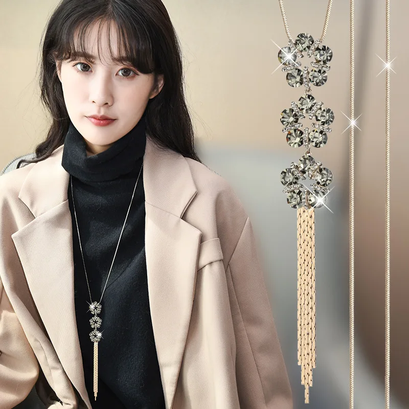 Женское длинное колье с подвеской ожерелье кристаллами и цветами Массивное