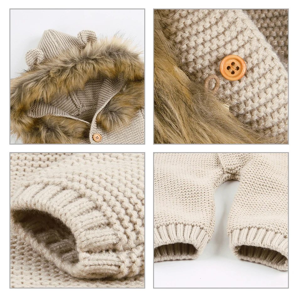 

Infant Fur Collar Jumpsuits Hooded For Newborn Baby Boy Girl Knitted Sweater Jumpsuit raccoon Fur Hooded Kid Toddler Outerwear