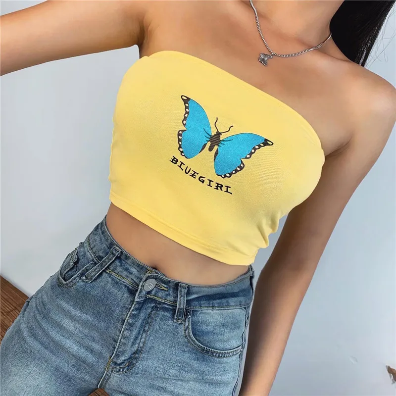 

YICIYA Butterfly Print Strapless Boob Tube Top Women Sexy 2020 Sleeveless Backless Crop Tops Tees Summer Streetwear Bandeau Top