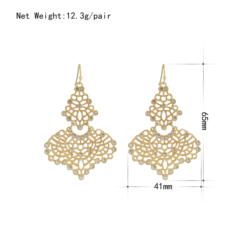 

High Quality New Fashion Women Gold Black Color Hollow Carving Crytal Decorate Flower Drop Dangle Earrings Jewelry Gifts