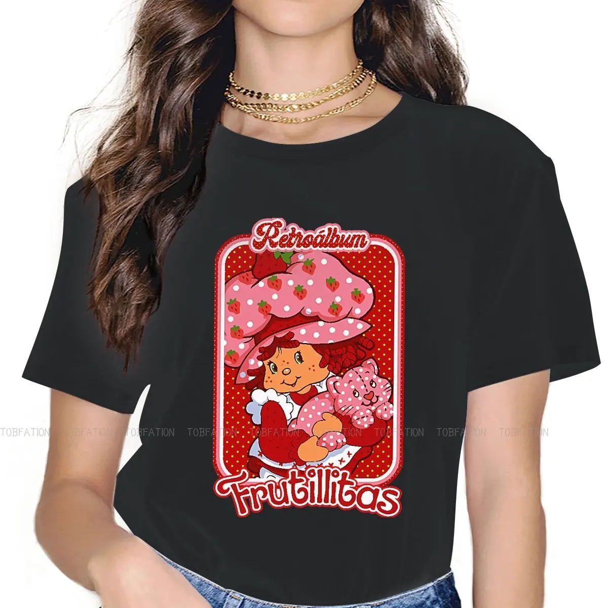 Retro Album Frutillitas Women Clothing Strawberry Shortcake Graphic Female Tshirt Loose Tops Tee Kawaii Girls Streetwear