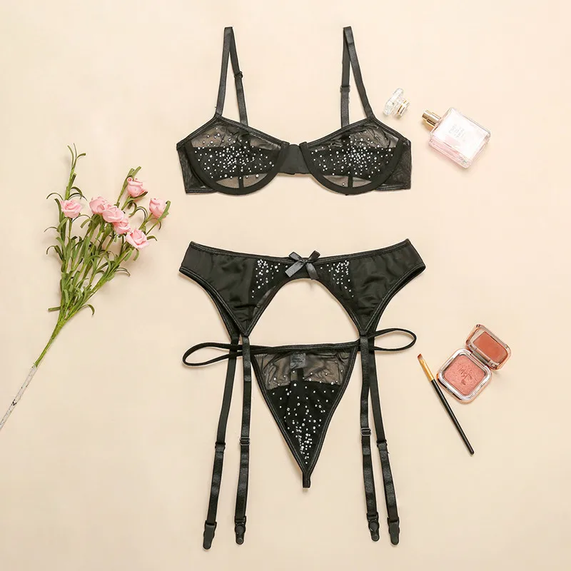 

Hjwsfdcai Fashion Sexy Rhinestone 3 Piece Set Bra Transparent Bralette Garter Mesh Lace Sexy Lingerie Women's Underwear