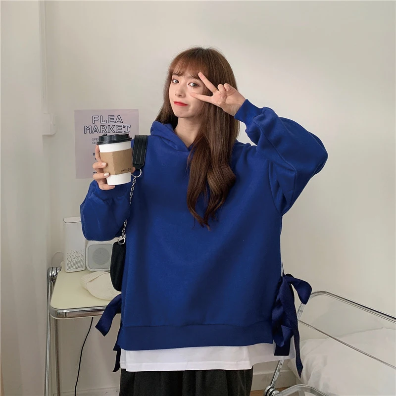 

CN 2021 Autumn Winter New Women's Sweatshirt Casual Thick Fleece Bow Hoodies Fashion Kawaii Oversized Hooded Sweatshirt