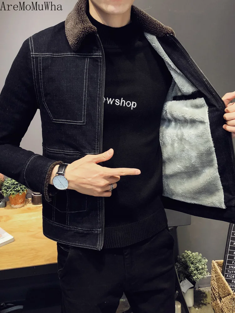 AreMoMuWha 2018 зимняя новая бархатная джинсовая куртка мужская приталенная утепленная