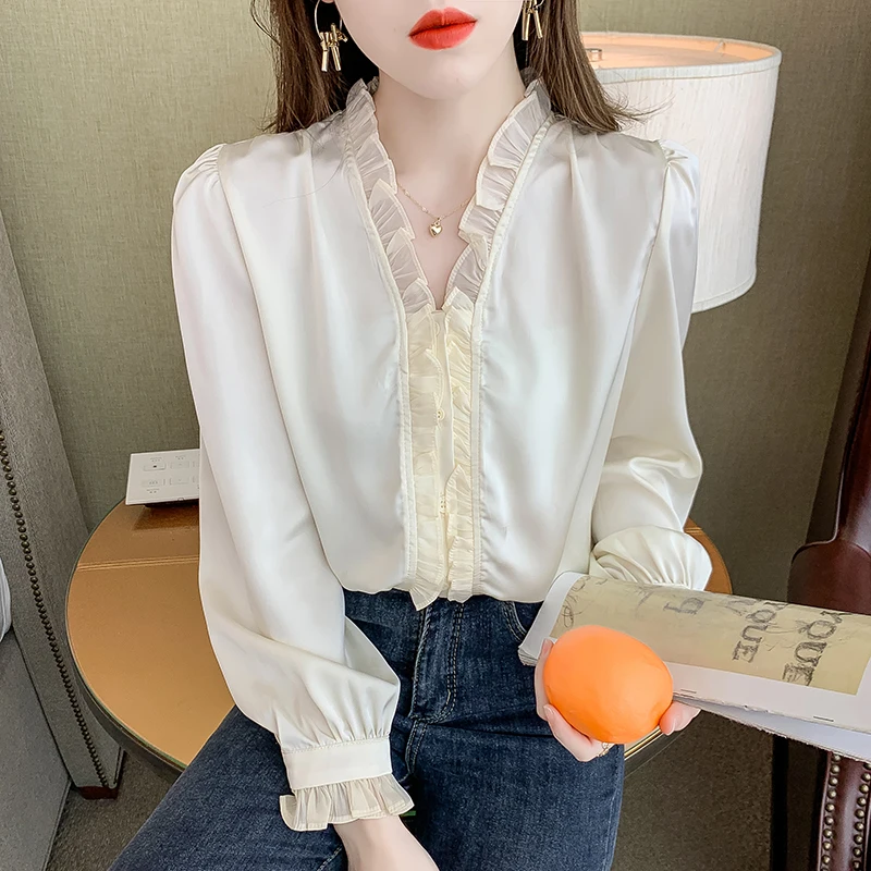 

New Autumn Winter Long Sleeve Lace Chiffon Blouse Women's top fashion blusas mujer de moda 2022 verano sexy Women Tops 214i