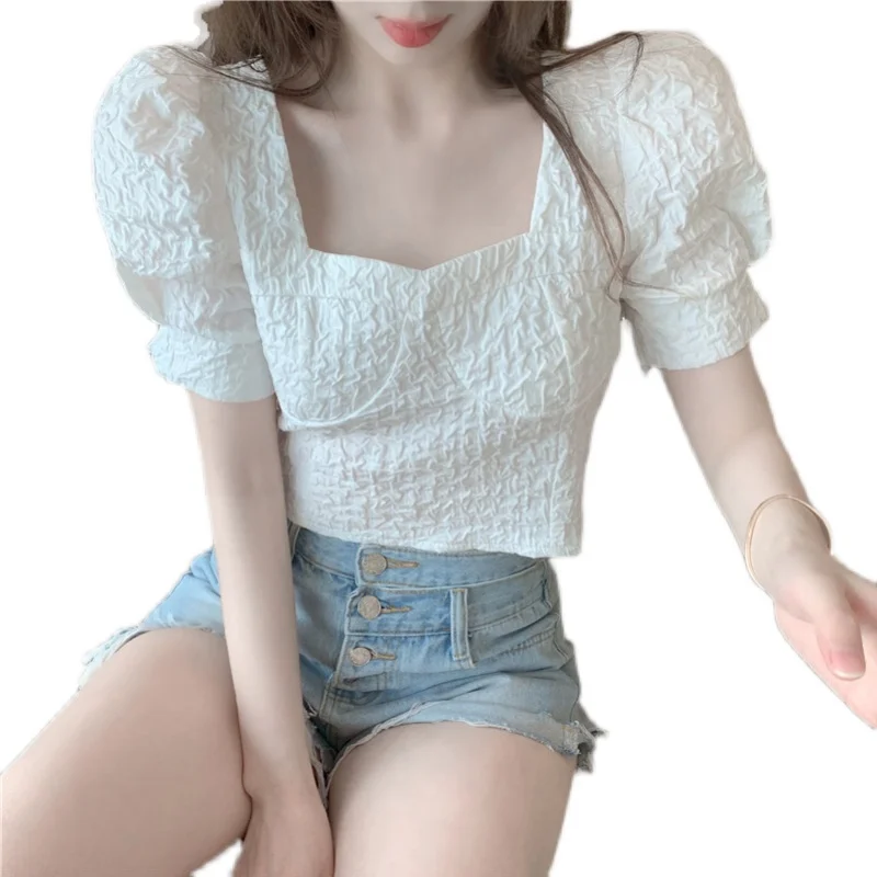 

Internet Celebrity French Square Collar Short Pleated Top Vintage Hepburn Style Puff Sleeve Sense of Design Shirt