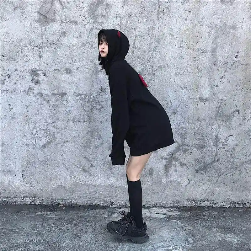 Fall Winter Women Sweatshirts High Street Harajuku Cute Hoodies Punk Gothic Devil Horn Chic Hooded Pullover Loose Sweat | Женская одежда