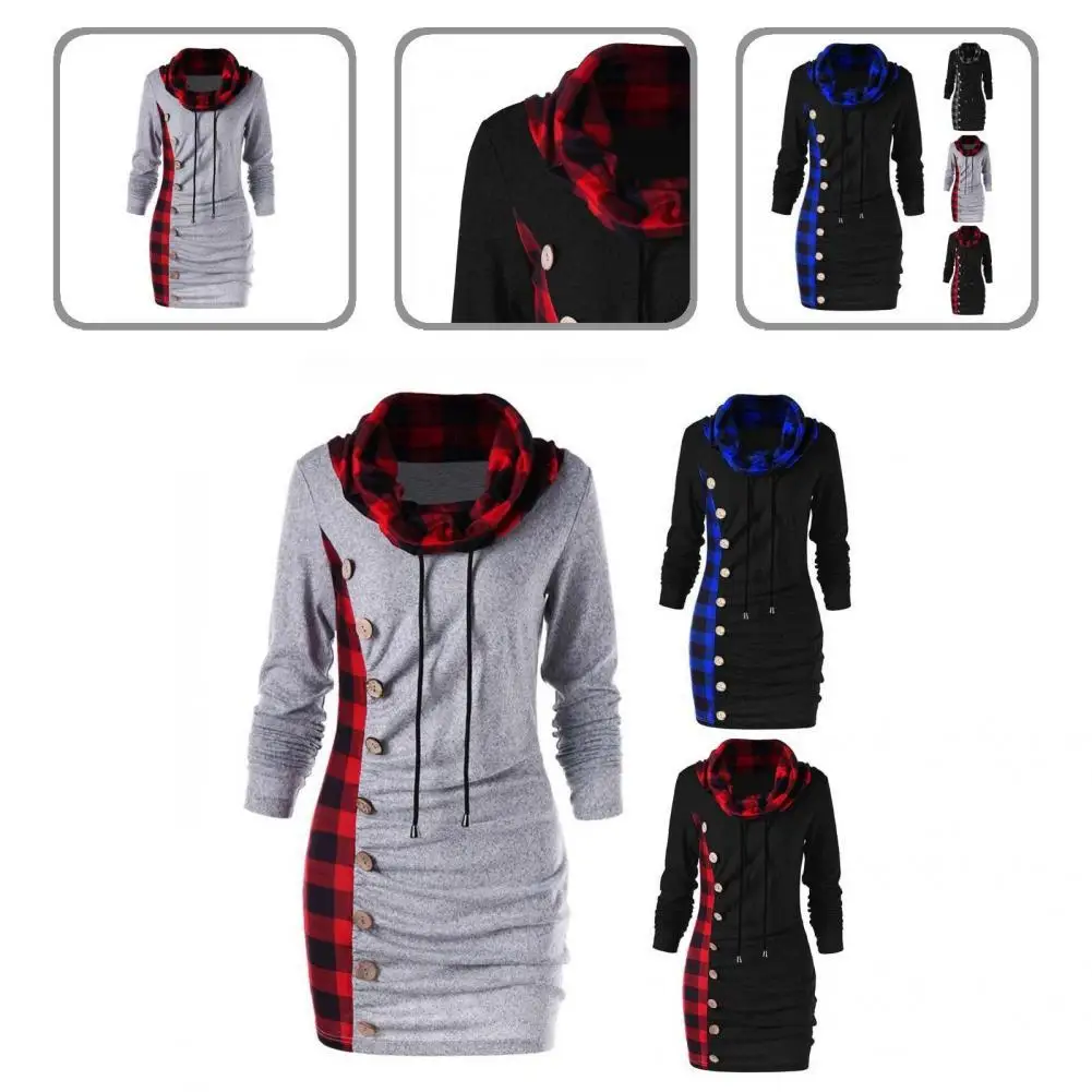 

Lady Sweatshirt Stylish Plaid Patchwork Buttons Decor Ruched Women Sweatshirt Long Women Sweatshirt