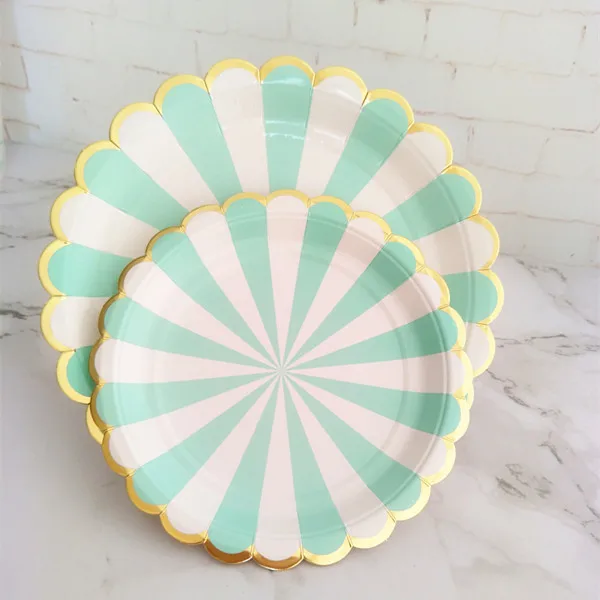 Бумажные тарелки посуда черная розовая желтая мятно синяя полоска фотопластина