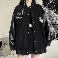 2021 new spring autumn coat womens korean harajuku style bomber jacket oversized jacket leather pure black womens jacket cloth