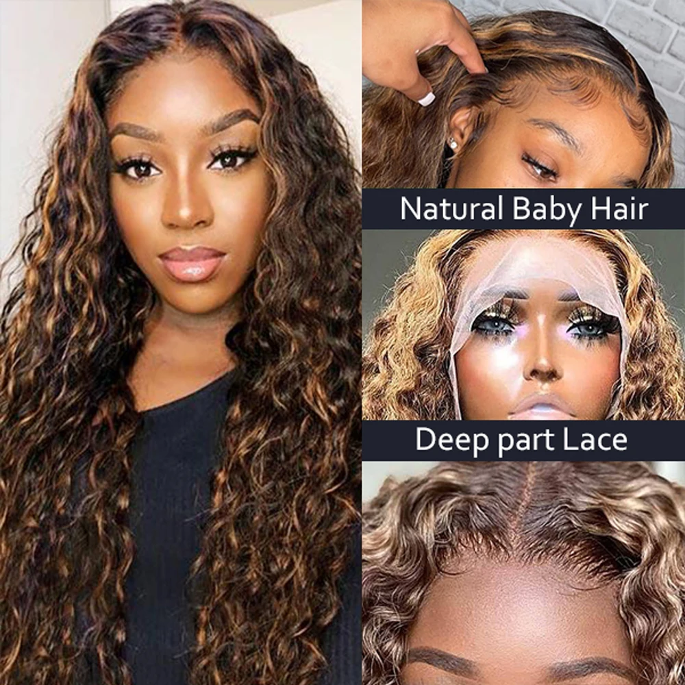 Выделить парик с эффектом крупных волн, с легкой линией роста и природной прядью волос, переходящей от медово-русого к коричневому цвету, изготовленный из кудрявых человеческих волос с детским пучком.