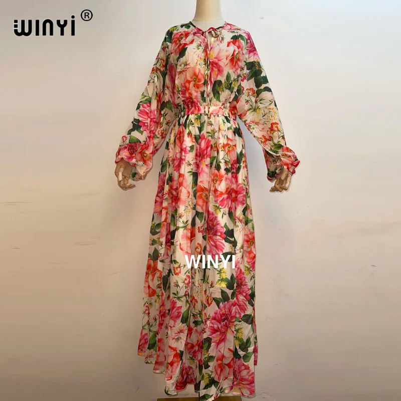 

Summer Fashion Runway Boho Maxi Dresses Women's Long Sleeve Bow Neck Elastic Waist Print Holiday Elegant Party Long Dress WINYI