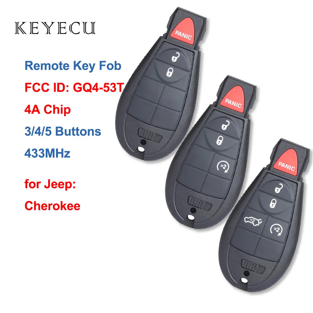 Keyecu Remote Key Fob 433MHz 4A Chip for Jeep Cherokee 2014 2015 2015 2017 2018 2019 GQ4-53T,1470A-34T,68105083,68105081