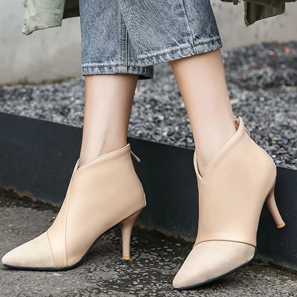 

Autumn Ankle Women Boots Elegant Pointed Women Female High Heels Single Shoes Stitching Casual Ladies Fashion