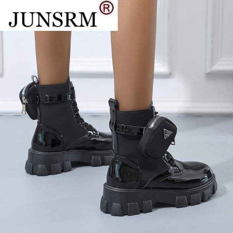 

Women Pocket Boot Lace Up Ladies Ankle Boots Female Buckle Strap Black Chunky Sole Pouch Ankle Boots Woman Platform Shoe Fashion