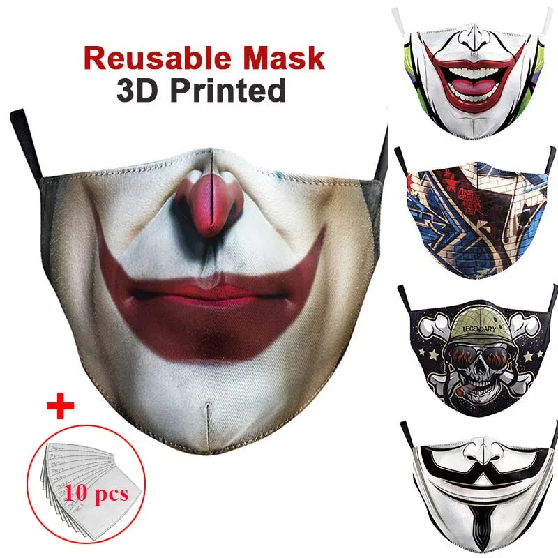 Многоразовые маски для лица маска с принтом черепа моющаяся дышащим фильтром из