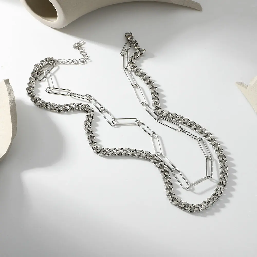 

Double Layer Jewelry 14K Gold Plated Stainless Steel Cuban Chain Choker Rectangle Paperclip Chain Layered Necklace for women