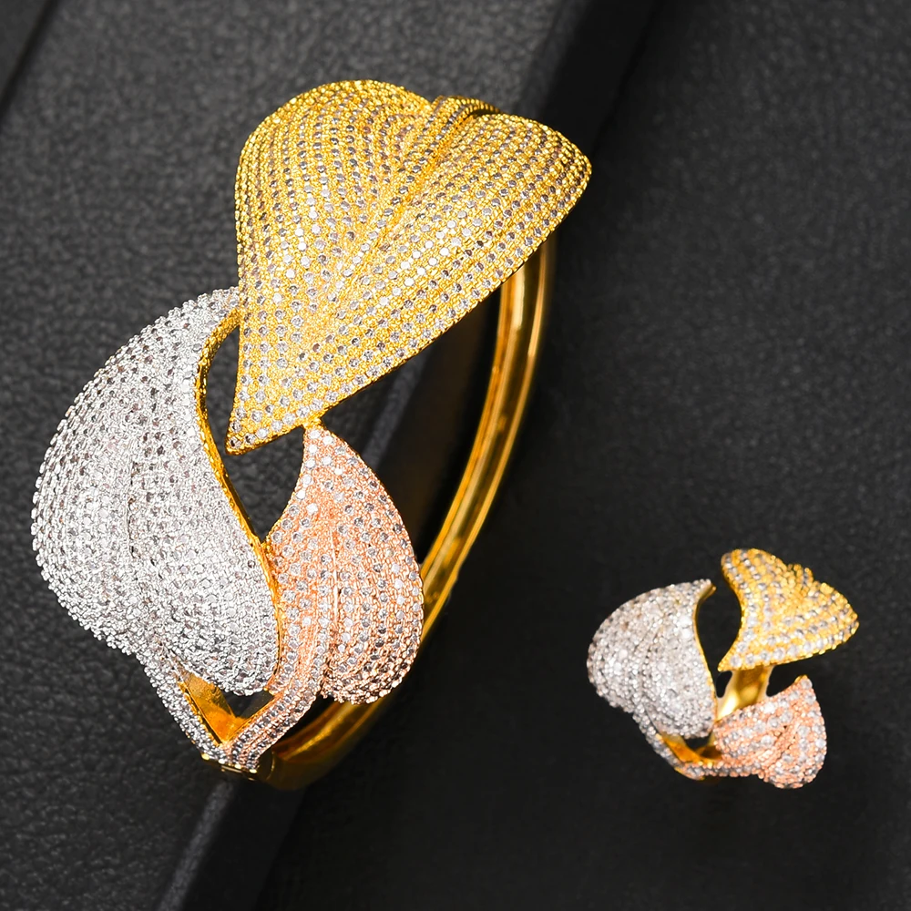 ?? Godki 2020高級幾何葉の花の女性ウェディングキュービックジルコニアステートメントチョーカーネックレスドロップピアスドバイジュエリーセット