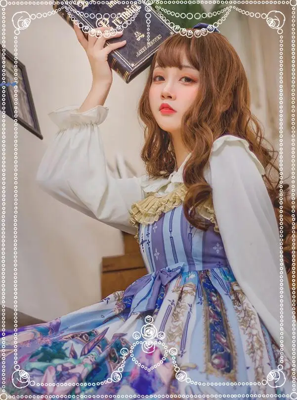 

Japanese student sweet lolita dress vintage falbala bowknot high waist cute printing victorian dress kawaii girl gothic lolita