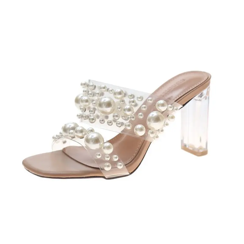 

Summer 2021 transparent pearl sandals women's high heeled thick heeled crystal high heeled shoes