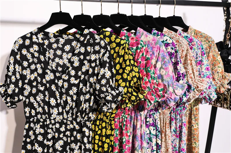 Женское платье из шифона 2020 летней моды с коротким рукавом, винтажный принт с цветочным узором, V-образный вырез, А-образный силуэт, кэжуал стиль "Women Chiffon Dress 2020 Summer Fashion Female Short Sleeve Vintage Printed Floral Casual Dresses V-n