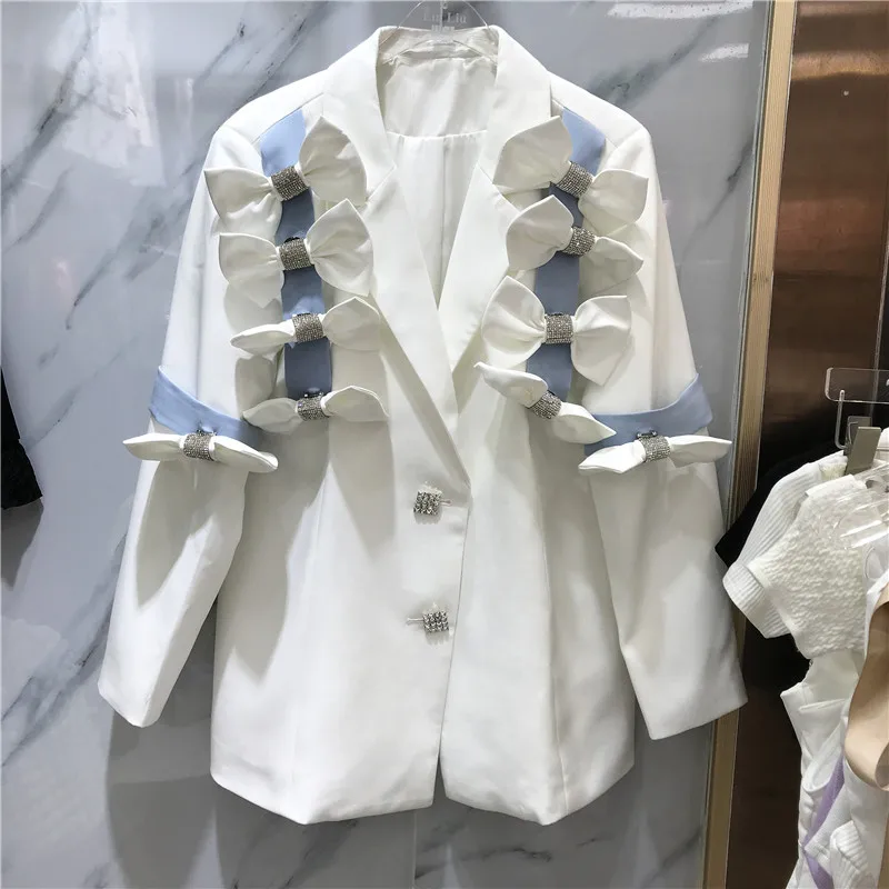 

Spring Autumn Coat Woman Beautiful Suit Jacket White Blazer Blue Stripe Bow Patch Female Outwears Blazer Femenino 2021