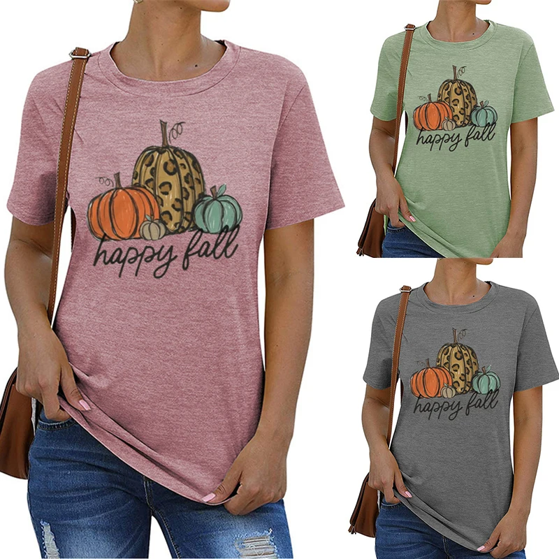 Spring and summer thin women's top short-sleeved T-shirt Halloween happy pumpkin holiday print HAPPY FALL
