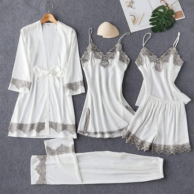 

5PCS Bride Robe Set Sexy Summer Sleepwear Lace Sexy Bridesmaid Wedding Kimono Bathrobe Gown V-neck Loose Home Suit With Pants