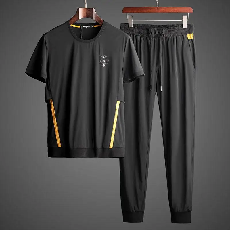 

Summer new ultra thin breathable casual suit silk ice fabric men's round neck casual short sleeve two piece set