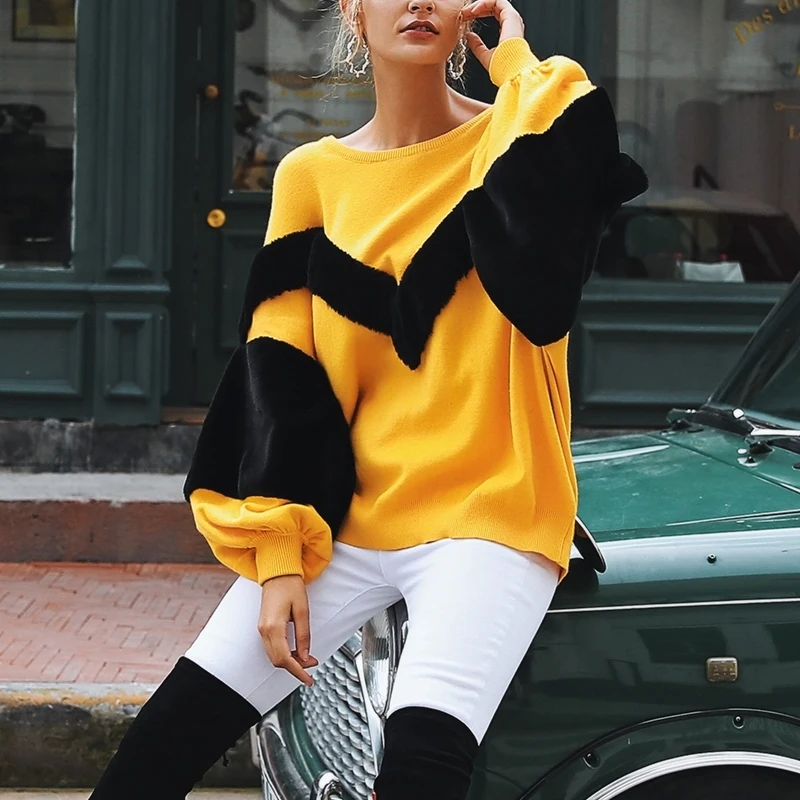 Affogatoo Patchwork faux fur sweater femme Women casual loose winter Autumn streetwear yellow jumper pullover | Женская одежда