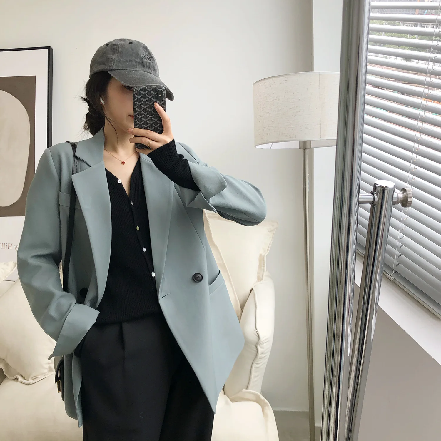 

Autumn Solid Color Elegant Blue Blazer Women Jacket Women's Korean Style Loose V-neck Long Sleeve Cardigan