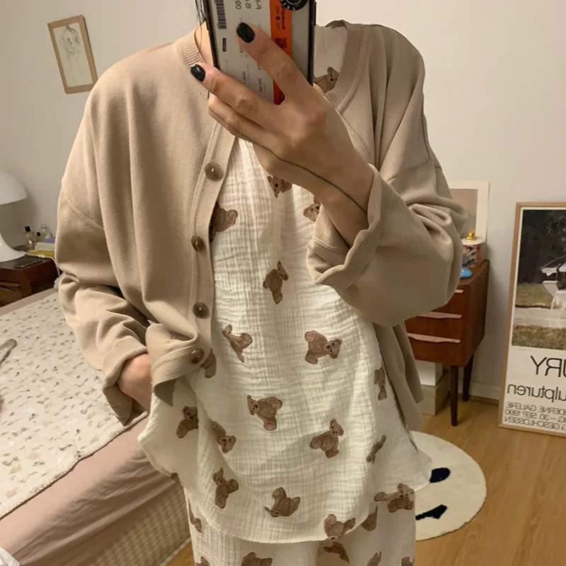 

Sleeveless Cartoon Bear Summer Pajamas Set Women Korean Kawaii Pants Set Two Piece Sleepwear Home Suit Cotton Homewear